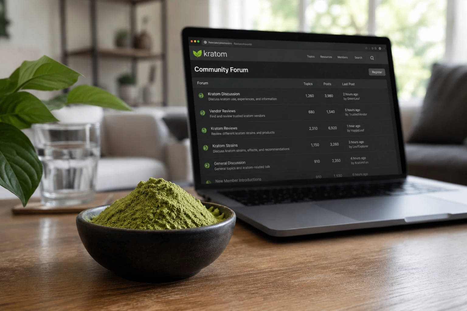 A black bowl of kratom powder on wooden table beside open silver laptop displaying a kratom forums page