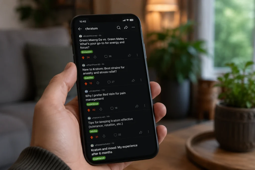 Hand holding black smartphone displaying Reddit r/kratom subreddit in dark mode with various posts