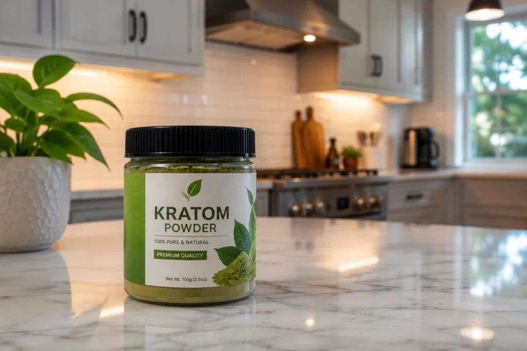 Glass jar filled with kratom powder, labeled premium quality placed on glossy white marble countertop