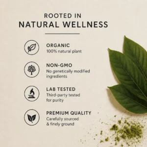 Graphic titled Rooted in Natural Wellness displaying organic non-GMO lab tested premium quality icons with green leaves and kratom powder