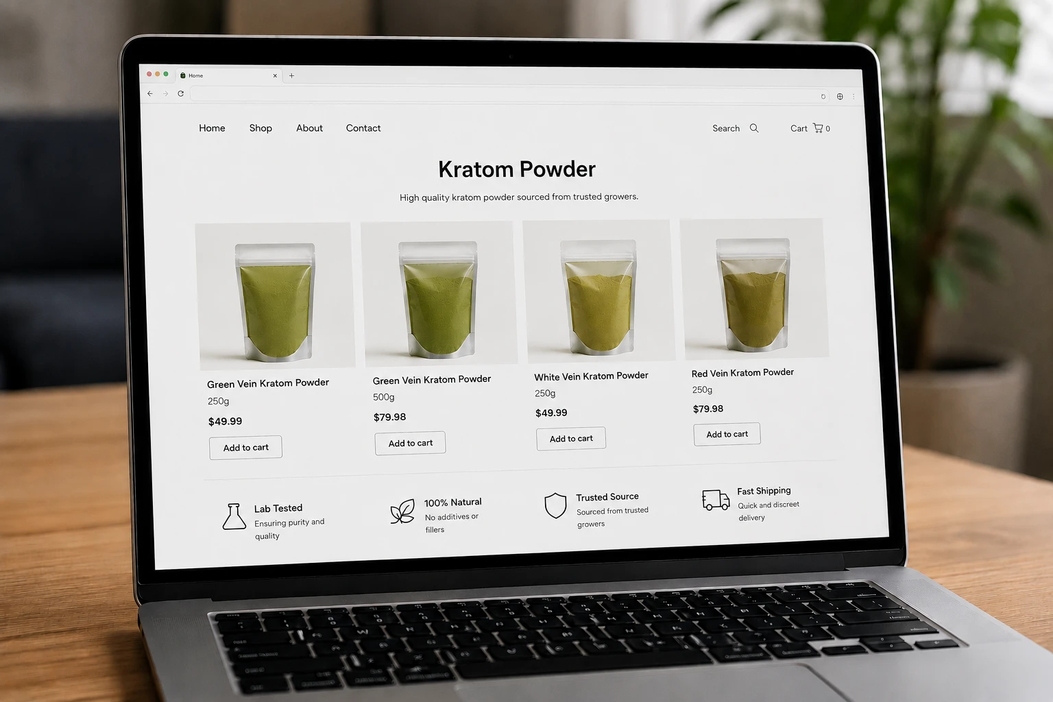 Laptop screen showing an online kratom shop with kratom powder options in pouches and their prices