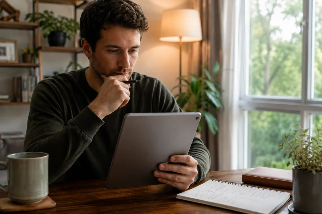 A man in dark green long-sleeve shirt holding gray tablet with left hand and black stylus near chin with right hand while seated at wooden desk