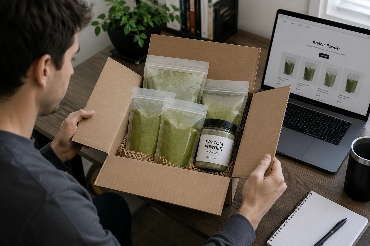 Man opening cardboard box filled with green vein kratom powder pouches and labeled jar on wooden desk beside open laptop