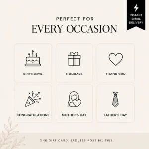 Six occasion icons for digital gift cards including birthdays, holidays, thank you, congratulations, mother’s day and father’s day