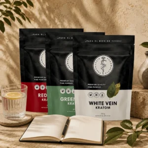 Pharmakeia's red, white, and green kratom powder packages arranged by an open notebook, glass of lemon water and green leaves