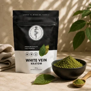 Pharmakeia's white vein kratom powder in black and white pouch next to black bowl of green powder with wooden spoon