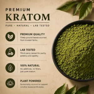 Finely ground kratom powder in a black bowl with quality, lab tested, natural, and sustainable sourcing icons