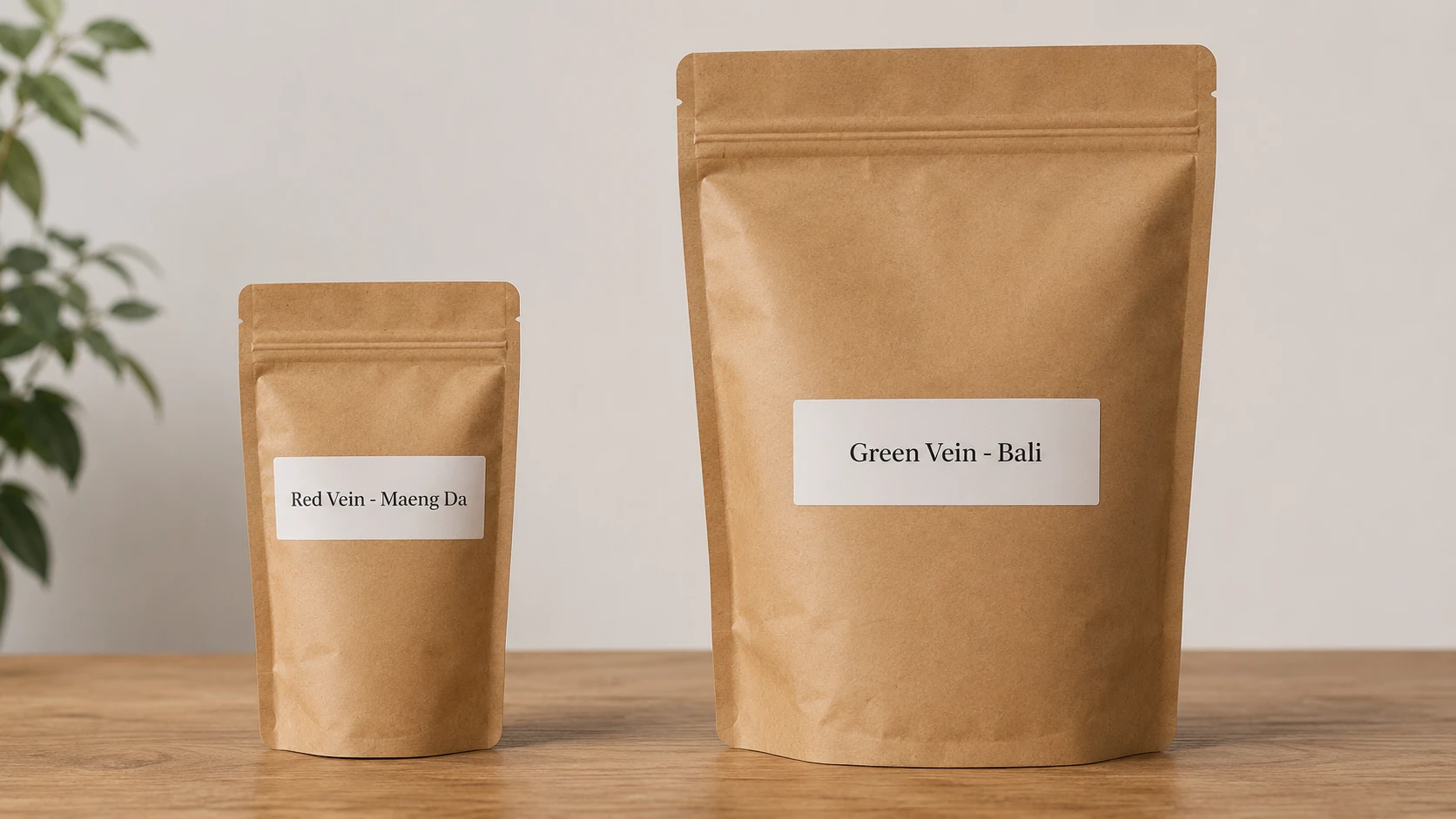 Bulk kratom pouches labelled Red Vein Maeng Da and Green Vein Bali on wooden surface by a plant