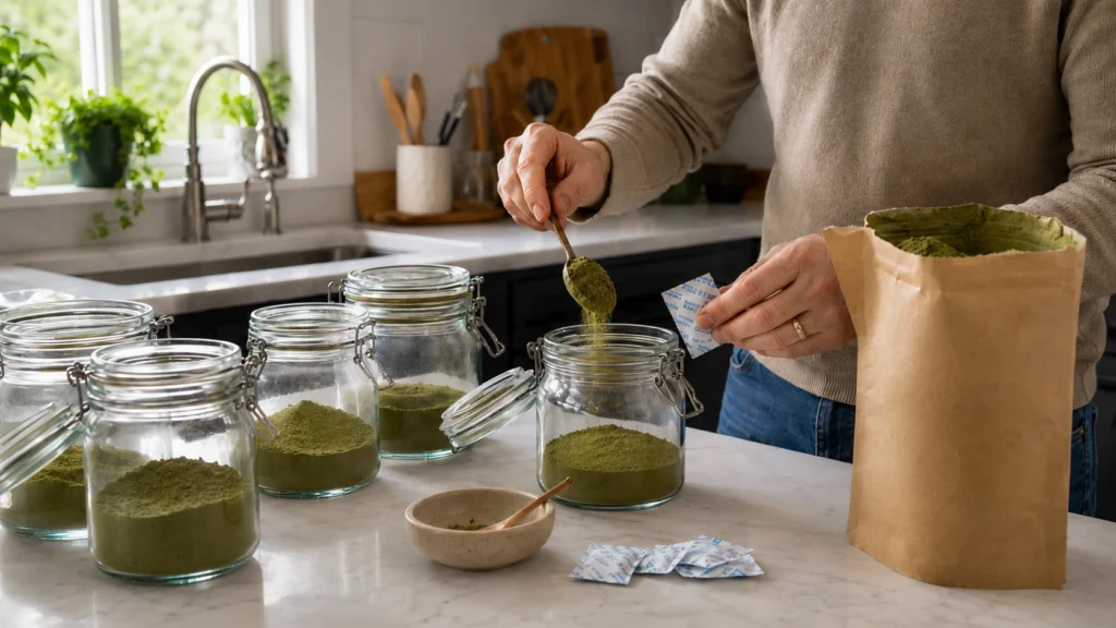 A person scooping green kratom powder into a jar with wooden spoon while holding silica packets beside open kraft bag
