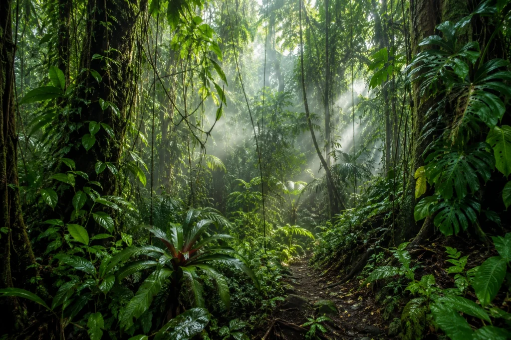 A lush tropical rainforest path winding through dense green foliage with sunlight beams piercing the misty canopy