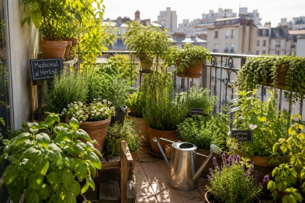 Sunny urban balcony herb garden with potted medicinal plants, labelled chamomile and lemon balm by a metal watering can