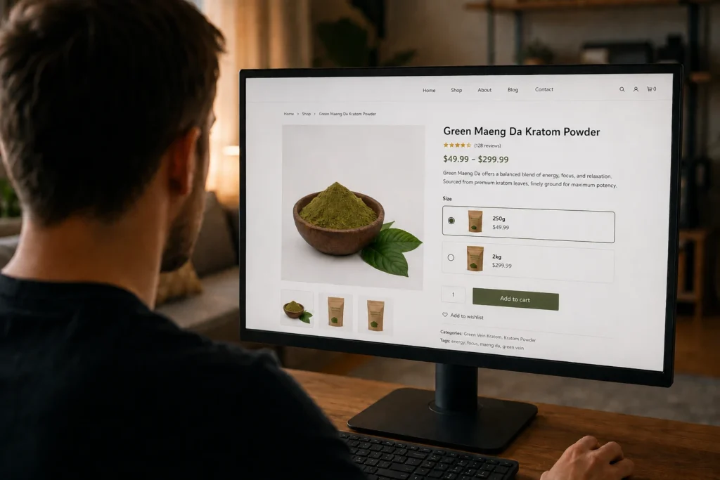 Man viewing green Maeng Da kratom powder product page with size options on a computer monitor