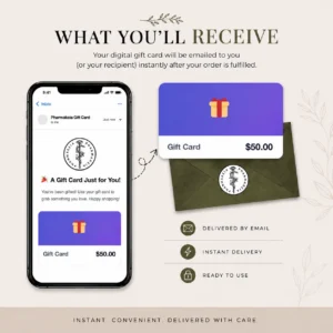 Smartphone email showing digital gift card receipt next to physical card in envelope with instant delivery and ready-to-use indicators