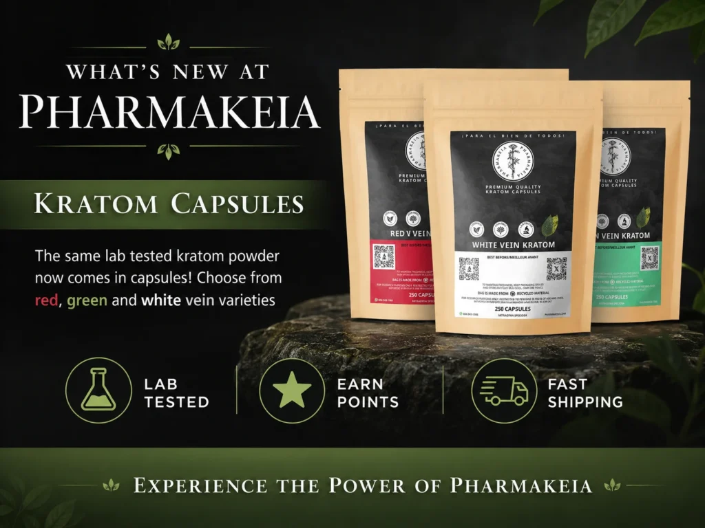 Kratom Capsules packages in red, green, and white vein varieties with icons and text below and informational text above