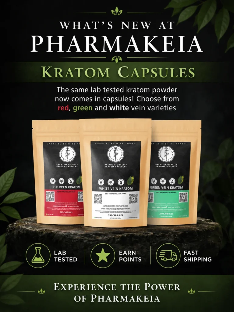 Kratom Capsules packages in red, green, and white vein varieties with icons and text below and informational text above