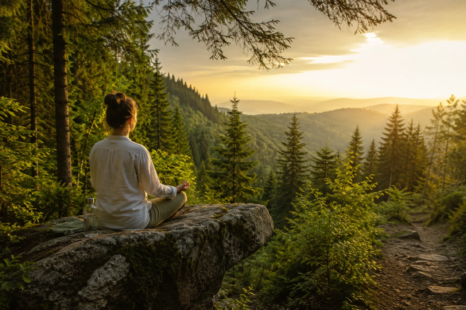 Woman meditating in lotus pose on moss-covered rock overlooking vast pine forest mountain valley at golden hour sunset