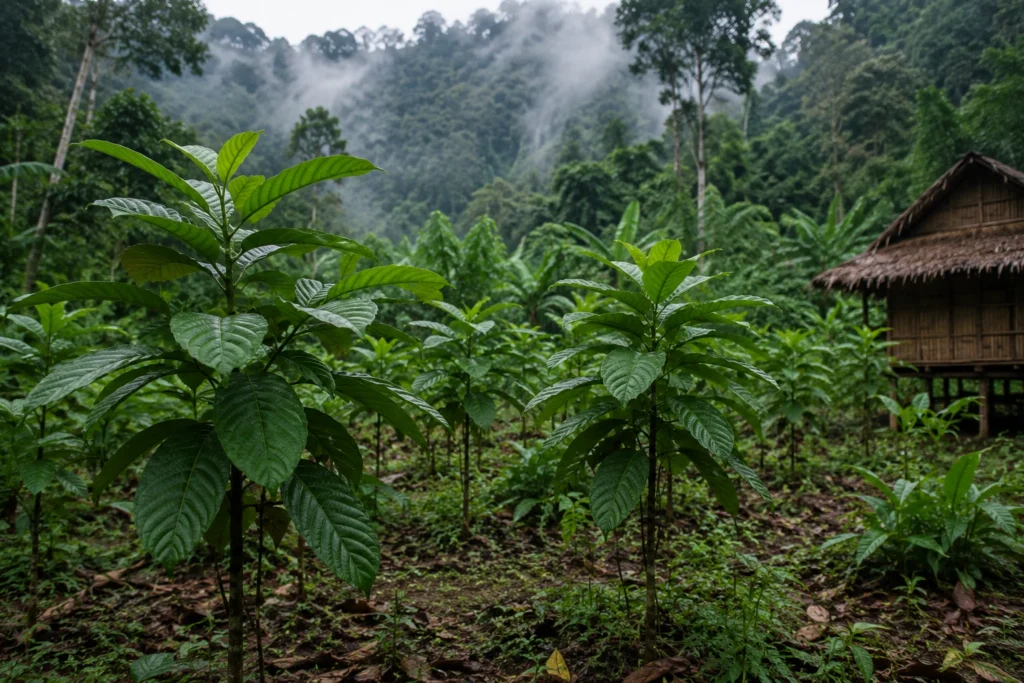 Young kratom plants with broad vibrant green leaves growing in rows across a forest clearing, traditional bamboo hut