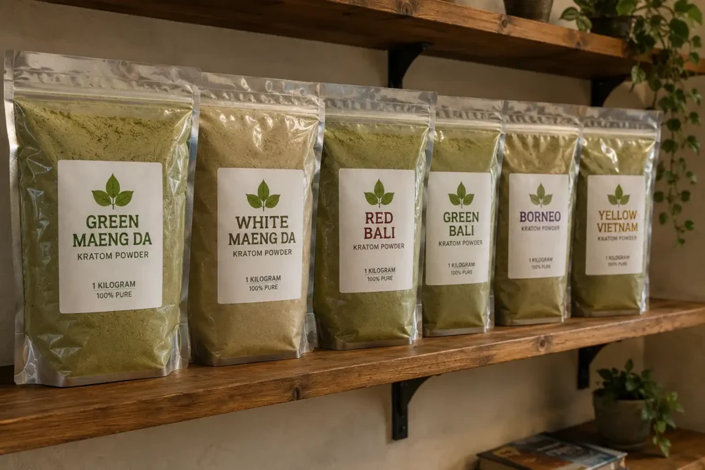 Six 1 kg silver pouches of kratom powder pouches on a wooden shelf