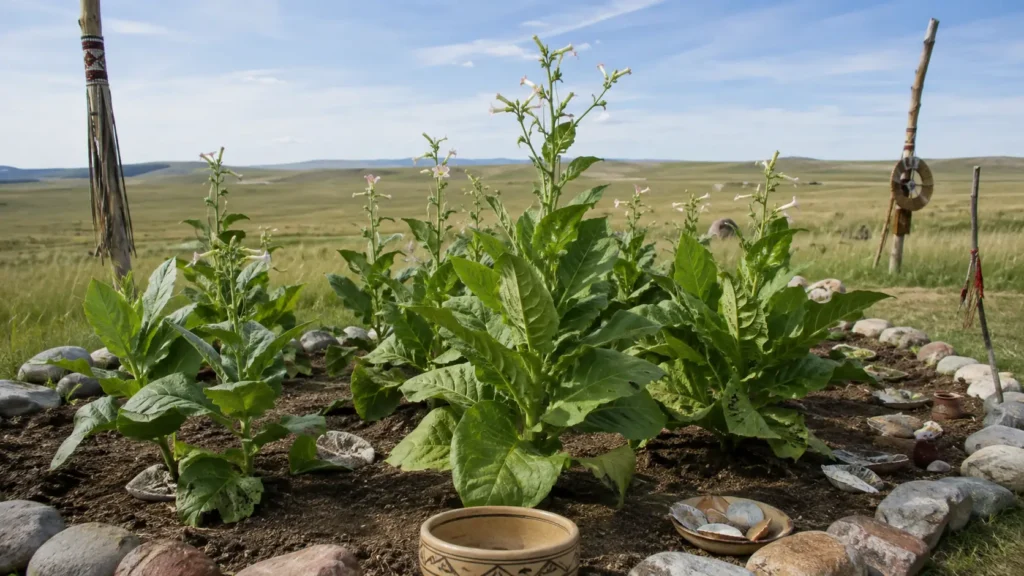Flowering tobacco plants with large green leaves in a stone-ringed soil bed on open grassland