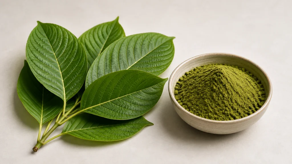 Fresh kratom leaves with prominent veins beside ceramic bowl of kratom powder