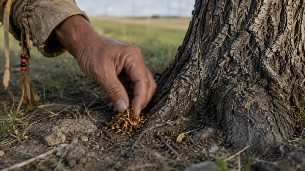 A weathered hand placing shredded dried tobacco at the base of a deeply furrowed tree trunk