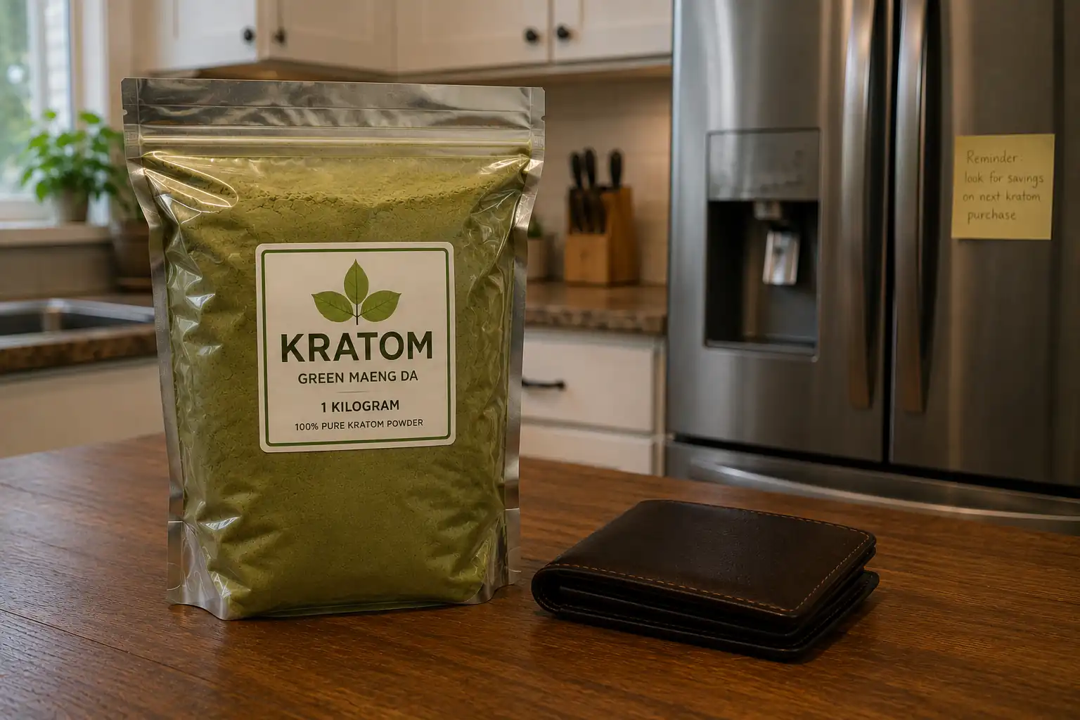 1 kg pouch of kratom powder on a kitchen counter next to brown leather wallet and note of fridge to save money on kratom