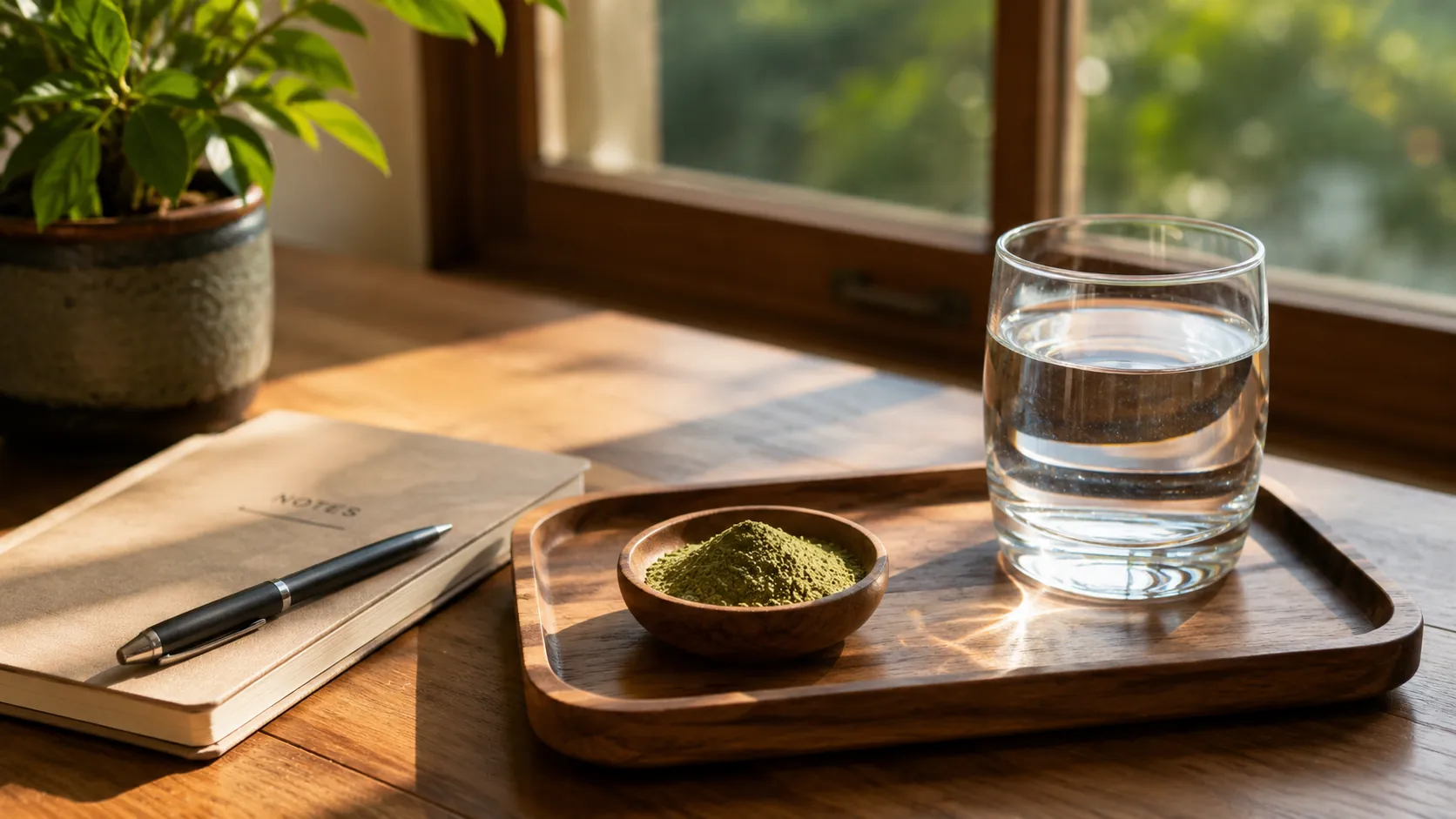 Wooden tray holding glass of water and small bowl of kratom powder beside notebook with pen for daily kratom habits