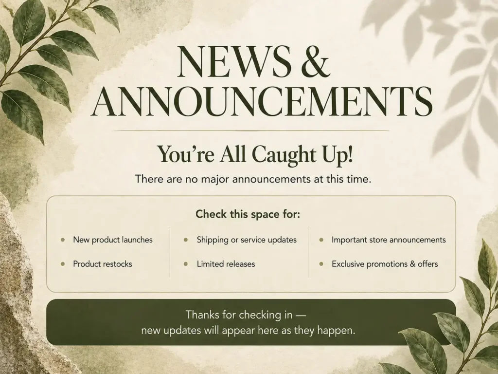 News and announcements notice stating there are no major updates and inviting customers to check back for store updates