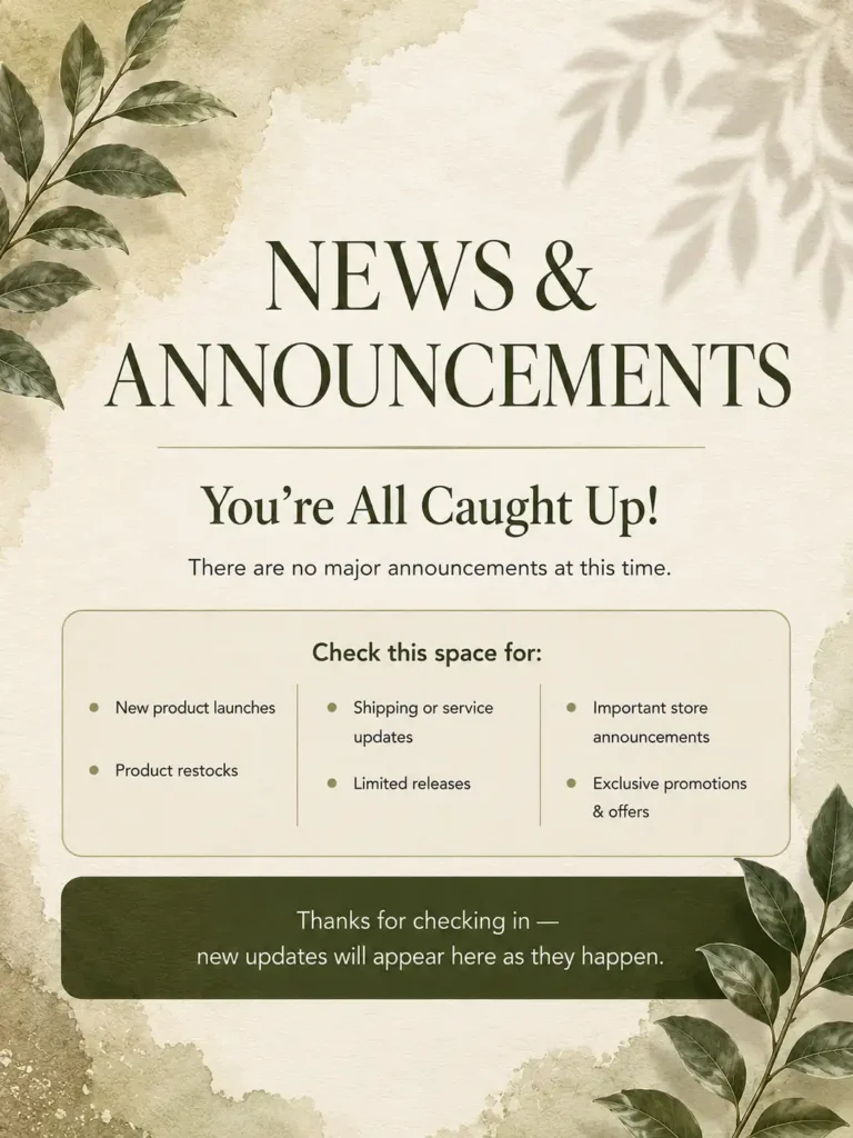 News and announcements notice stating there are no major updates and inviting customers to check back for store updates