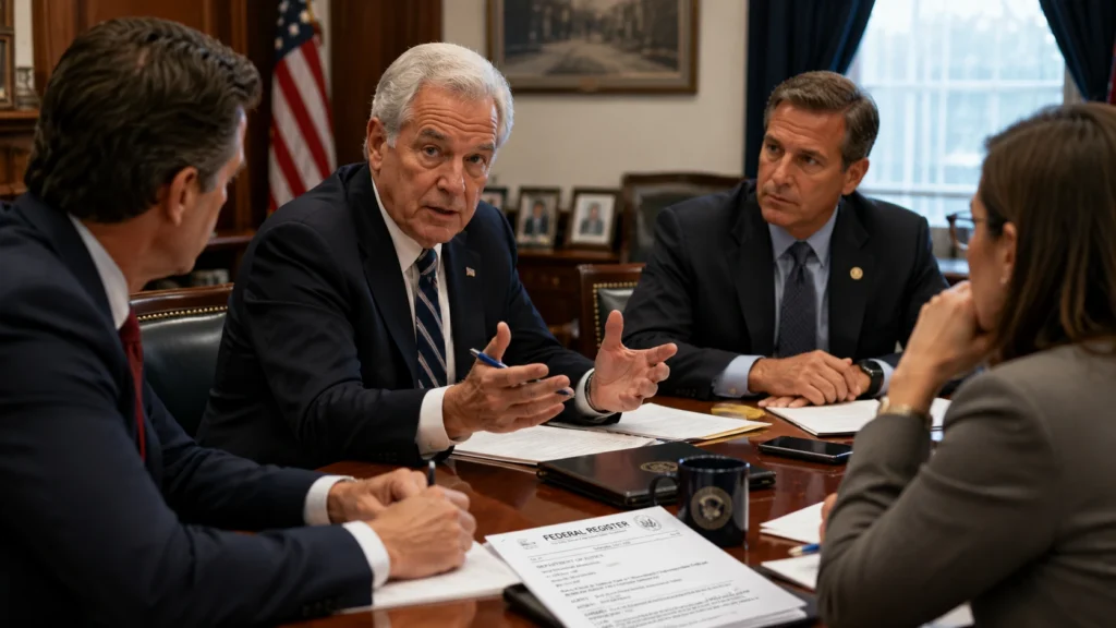 Senior officials having a discussion about the Federal Register DEA notice at conference table