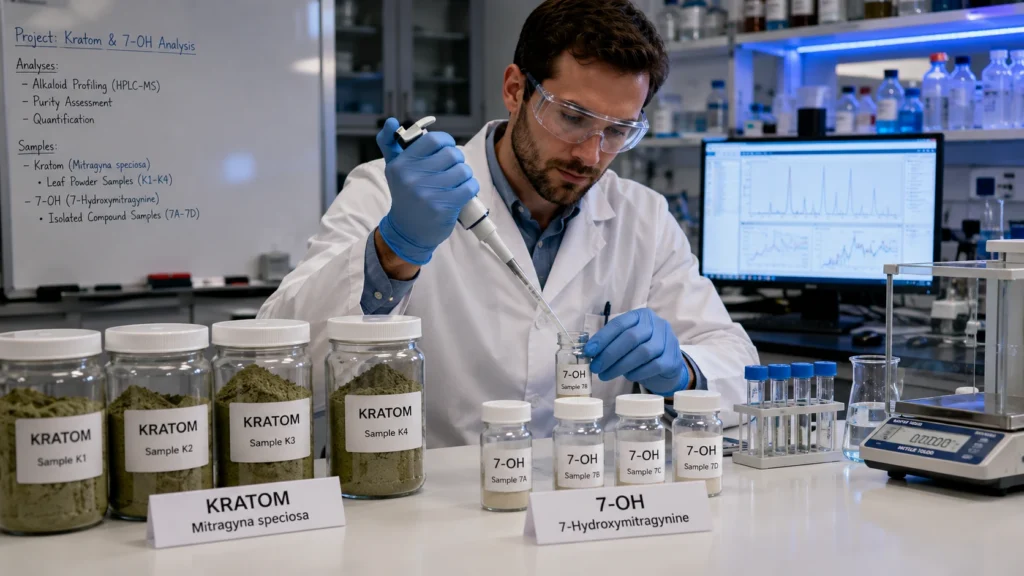 Scientist in lab coat pipetting a 7-OH sample amid kratom powder jars and analysis equipment