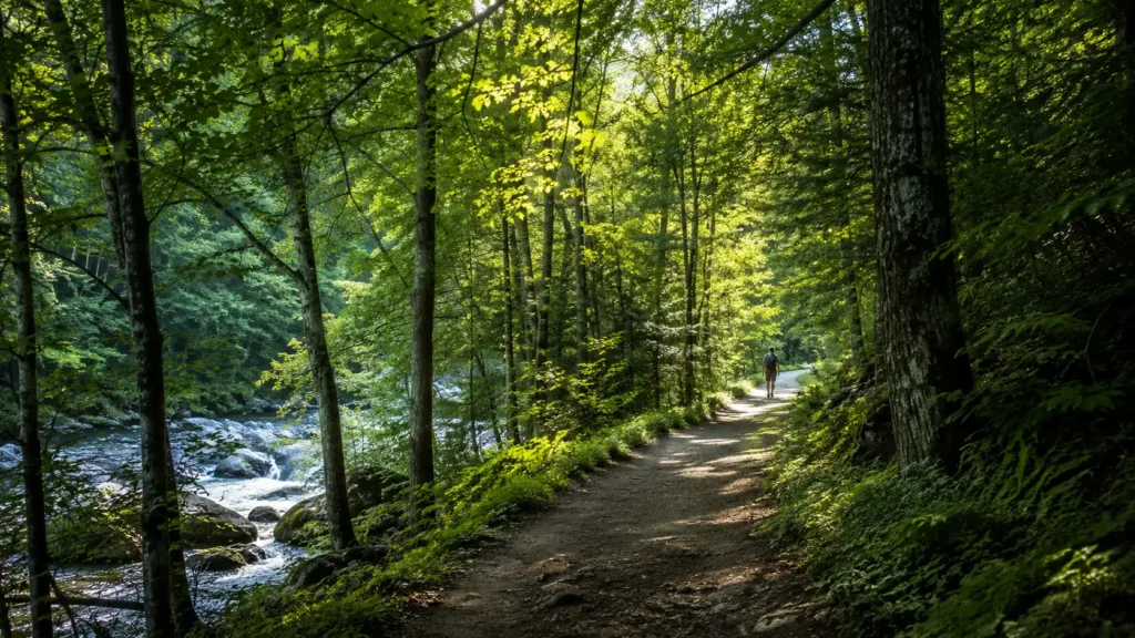 Sunlit dirt trail winding through dense green forest beside rocky river with distant hiker walking ahead