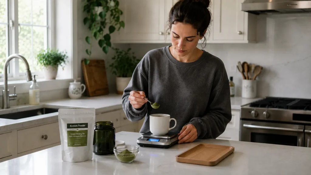 Woman measuring green kratom powder into white mug on digital scale in a modern kitchen