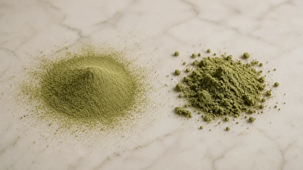 Fine dry kratom powder pile beside moist clumpy kratom powder on a marble surface