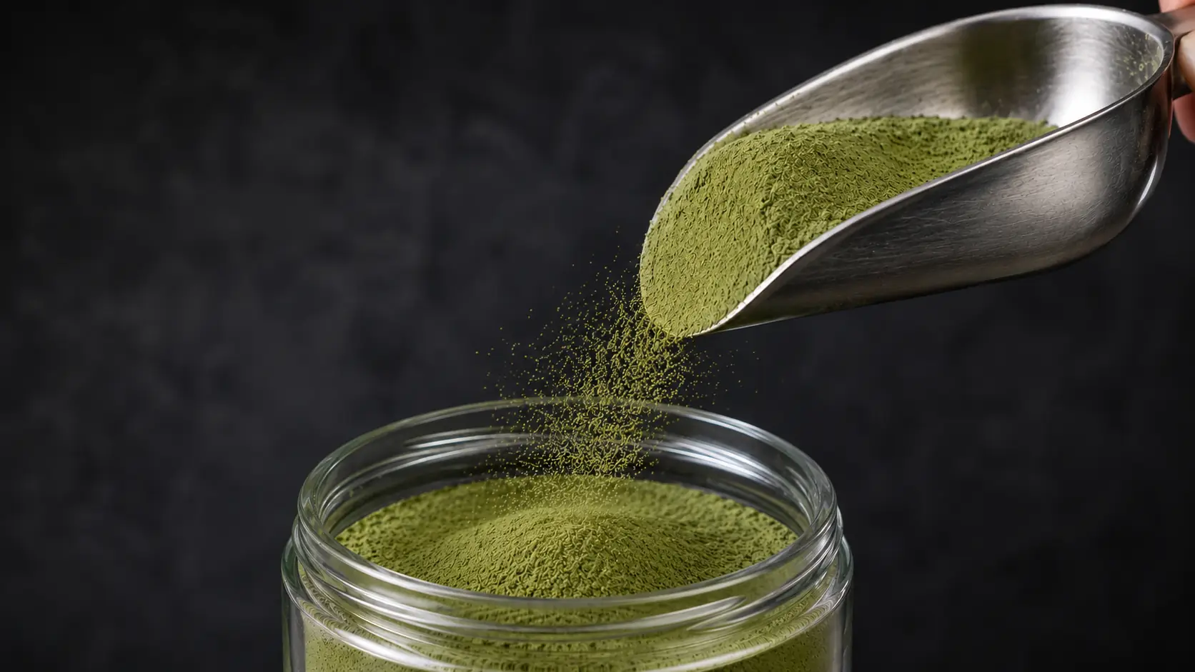 Kratom powder and static charge showing as a metal scoop fills an open glass jar with green kratom powder