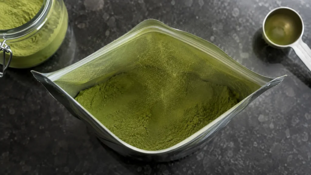 Open foil pouch of green kratom powder beside glass jar and metal scoop