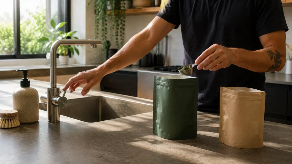 A man scooping kratom powder and touching metal faucet over the kitchen counter